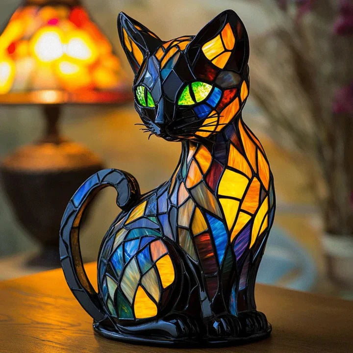 Guili | Stained glass cat-shaped table lamp with LED lighting – 30-36 cm