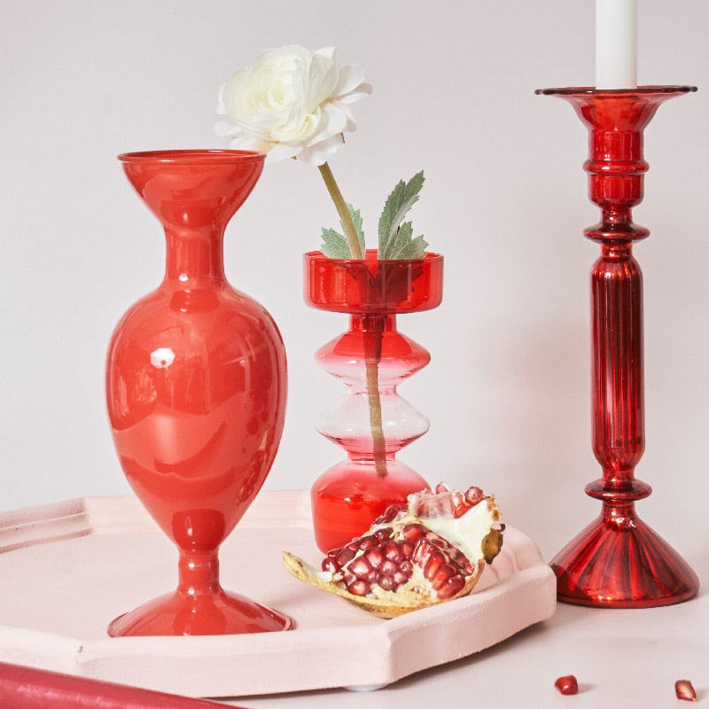 Guili | Cherry Red Glass Stick Candle Holder & Vases