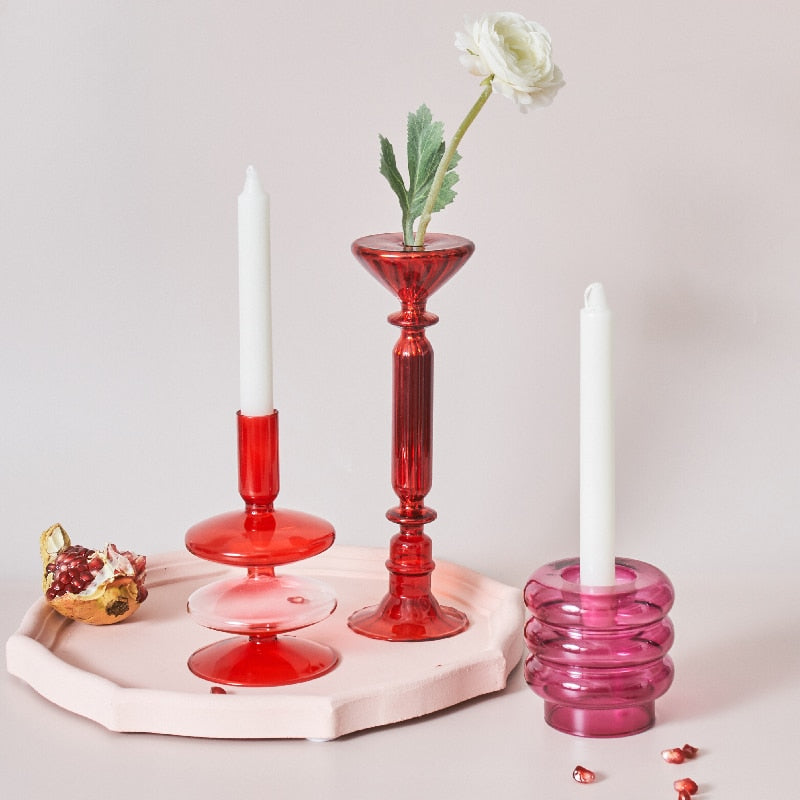 Guili | Cherry Red Glass Stick Candle Holder & Vases
