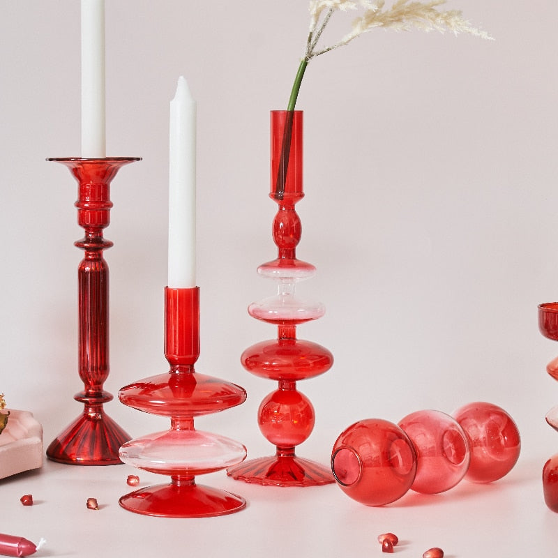 Guili | Cherry Red Glass Stick Candle Holder & Vases