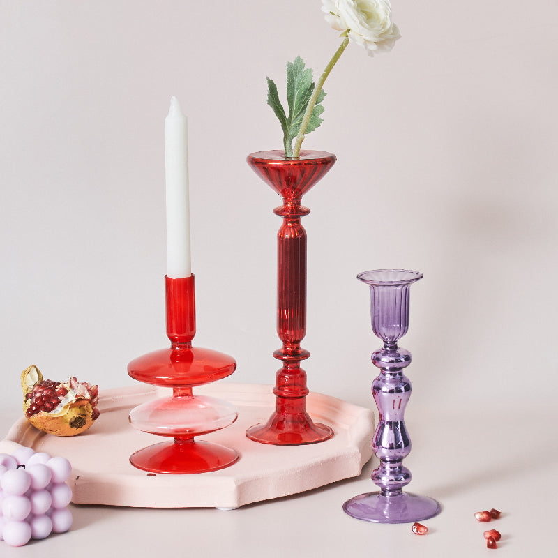 Guili | Cherry Red Glass Stick Candle Holder & Vases